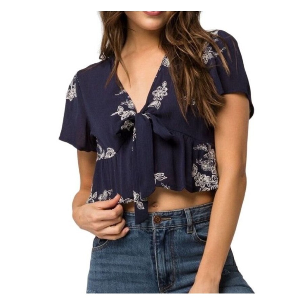 Sky And Sparrow Gauzy Top Women L Floral Embroidered Cropped Tie Front Bow Light